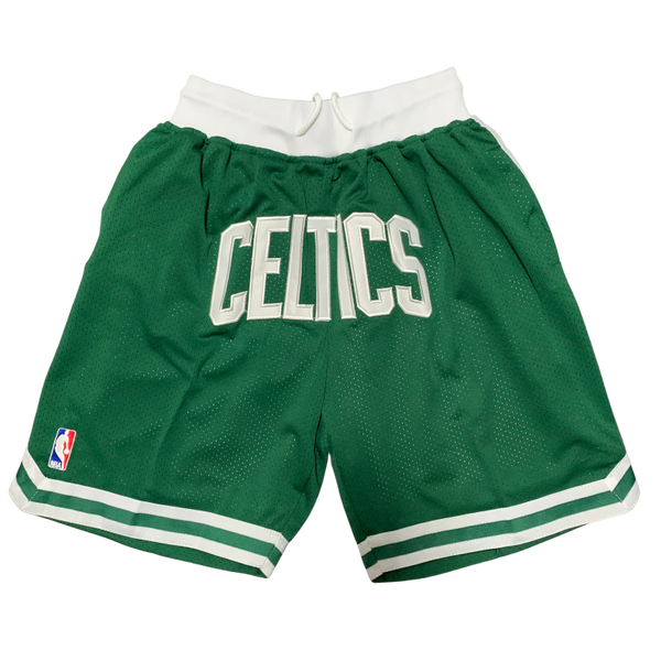 Retro NBA basketball shorts with bold team logos and vintage design, featuring elastic waistbands and detailed stitching